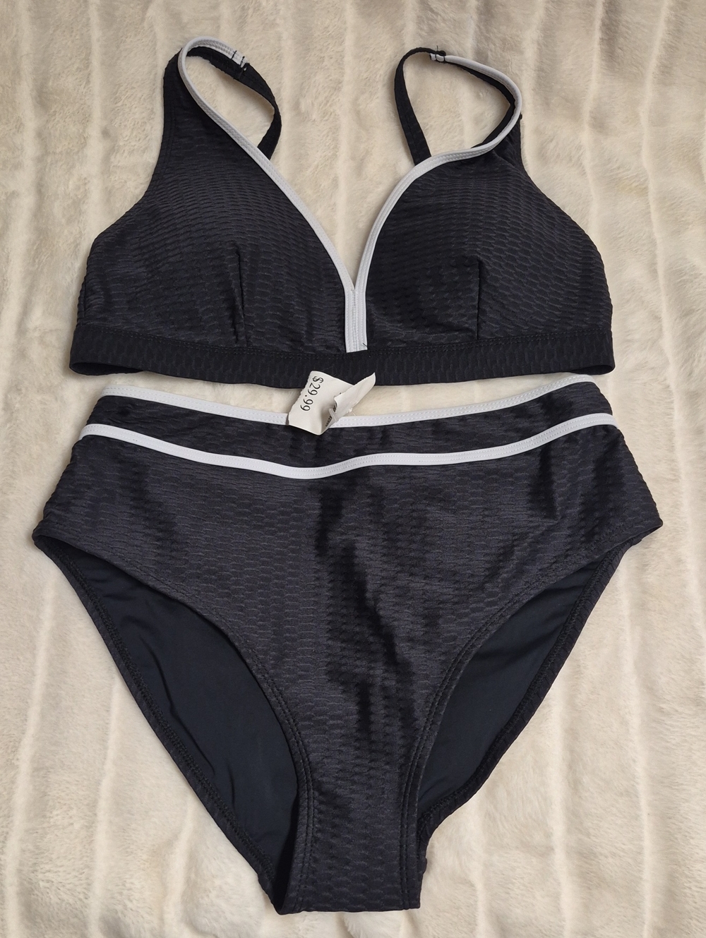High-Waist Black Bikini Set with White Trim - Women Swim